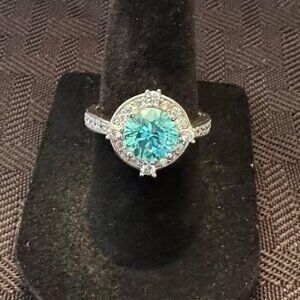 Sterling Silver Aquamarine Cubic Zirconia Apatite Halo Ring (size 7)